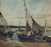 camille corot Trouville Fishing Boats Stranded in the Channel (mk40) USA oil painting artist